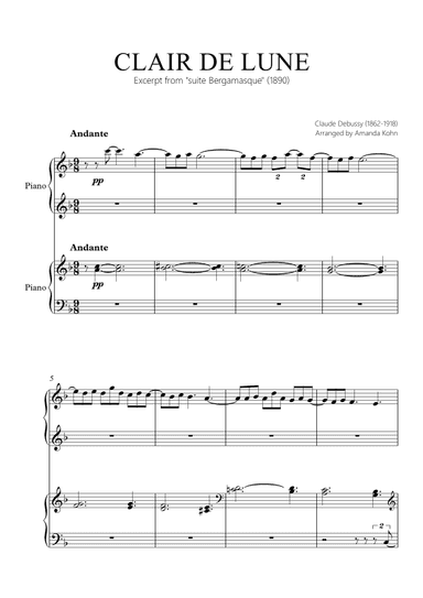 Clair de Lune - 4 hands (F maj) (arr. Amanda Kohn)