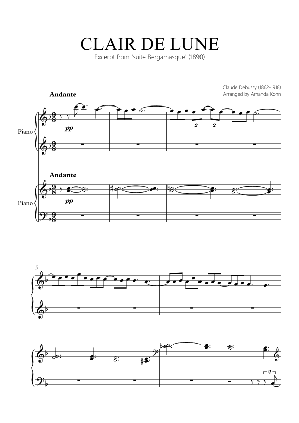 Clair de Lune - 4 hands (F maj) (arr. Amanda Kohn)