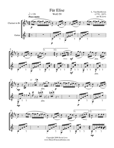 Fur Elise (Clarinet and Guitar) - Score and Parts (arr. Kevin Love)