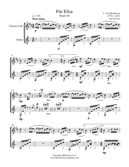 Fur Elise (Clarinet and Guitar) - Score and Parts (arr. Kevin Love)