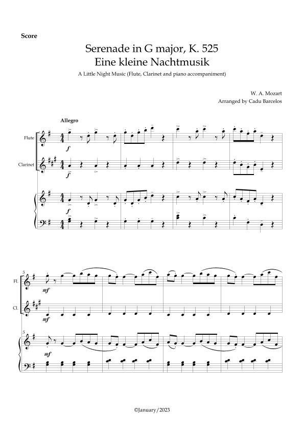 Serenade in G major, K. 525 / Eine kleine Nachtmusik /A Little Night Music - Flute, Clarinet (arr. Cadu Barcelos)