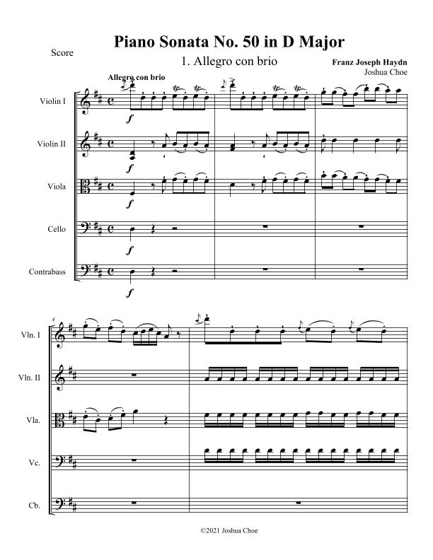 Piano Sonata in D major, Hob.XVI:37 (arr. Joshua Choe)