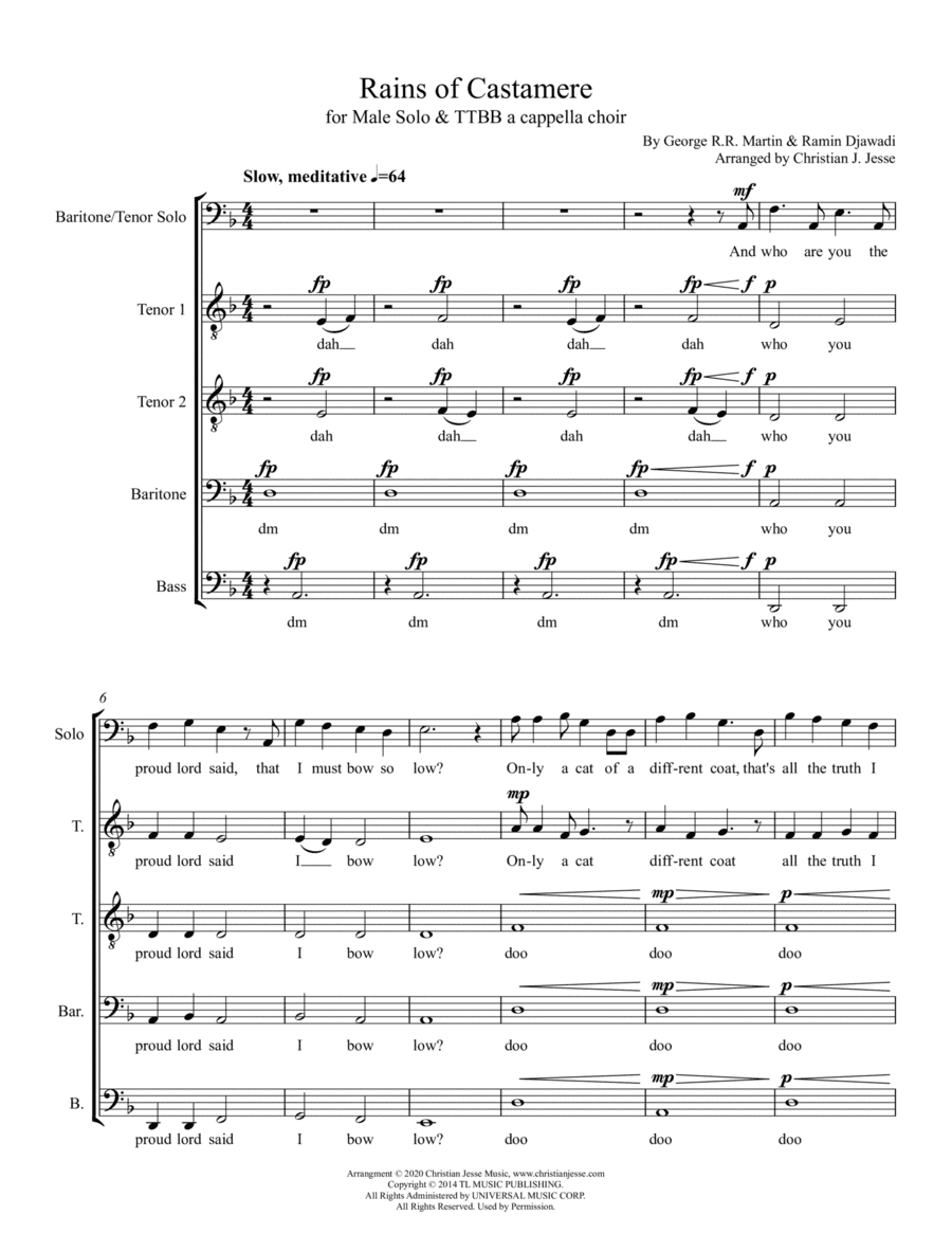 The Rains Of Castamere (arr. Christian James Jesse)