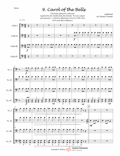 Carol of the Bells - Renaissance Rock - CELLO Quartet - ADVANCED (arr. Jeremy Crosmer)