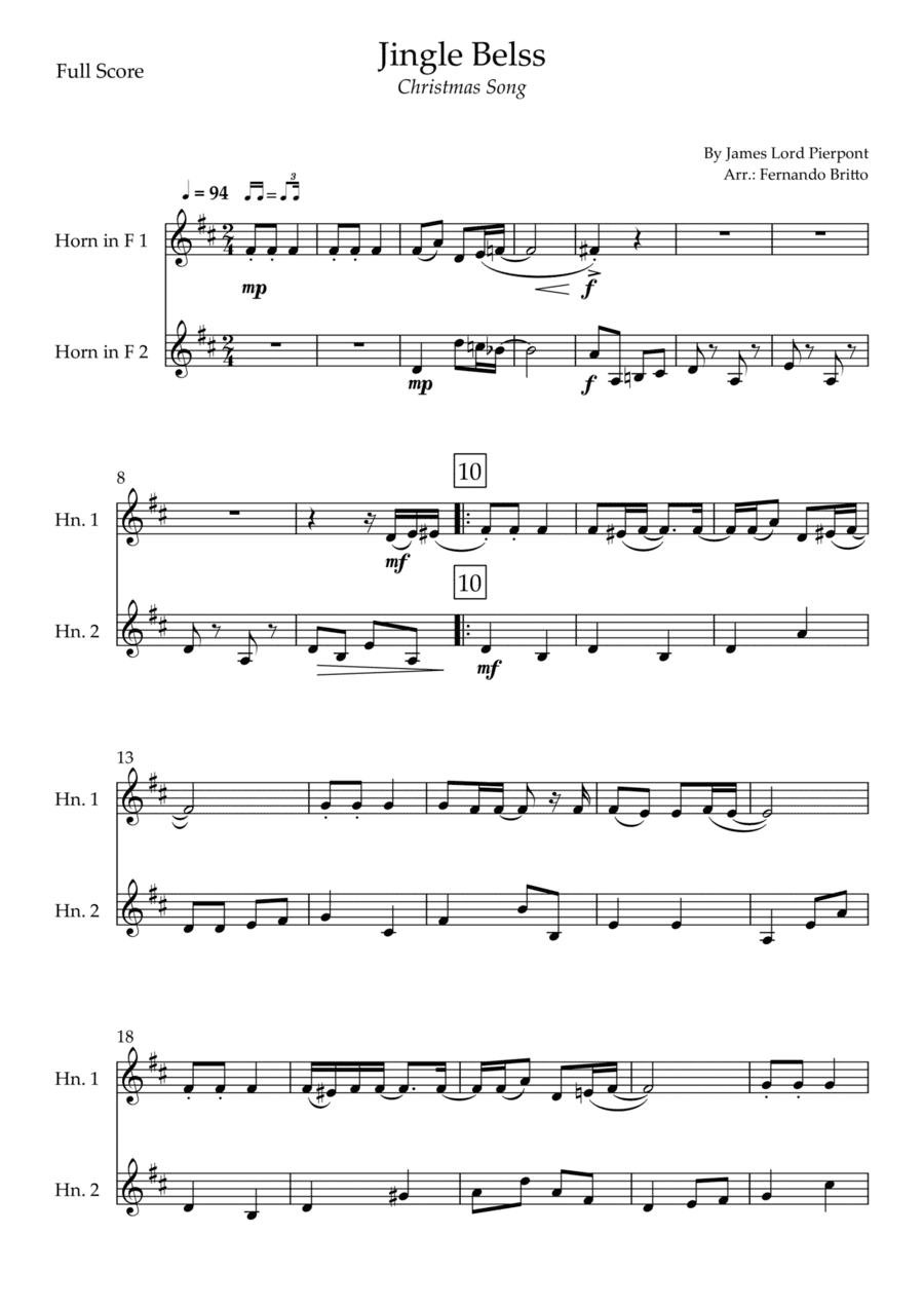 Jingle Bells - Jazz Version (Christmas Song) for Horn in F Duo (arr. Fernando Britto)