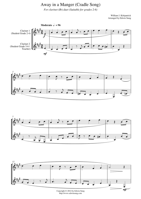 Away in a Manger (Cradle Song) (for clarinet (Bb) duet, suitable for grades 1-5) (arr. Edwin Sung)