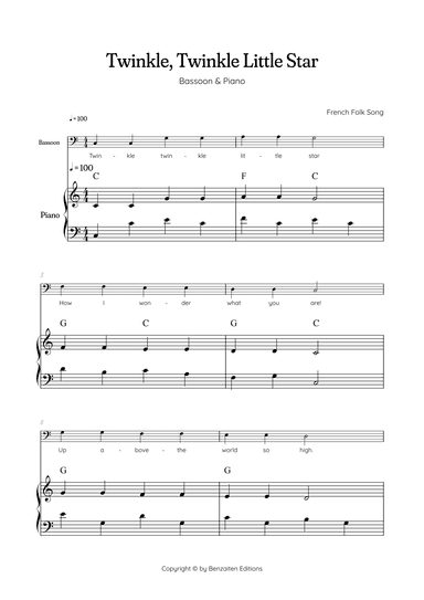 Twinkle, Twinkle Little Star • Easy bassoon sheet music with easy piano accompaniment w/ chords (arr. Benzaiten Editions)