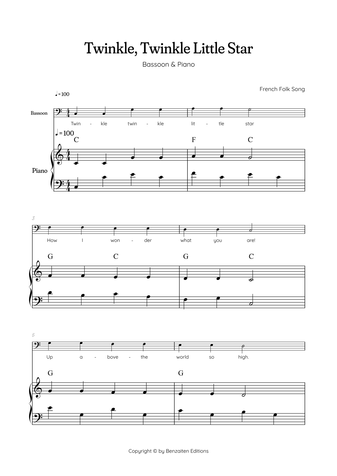 Twinkle, Twinkle Little Star • Easy bassoon sheet music with easy piano accompaniment w/ chords (arr. Benzaiten Editions)