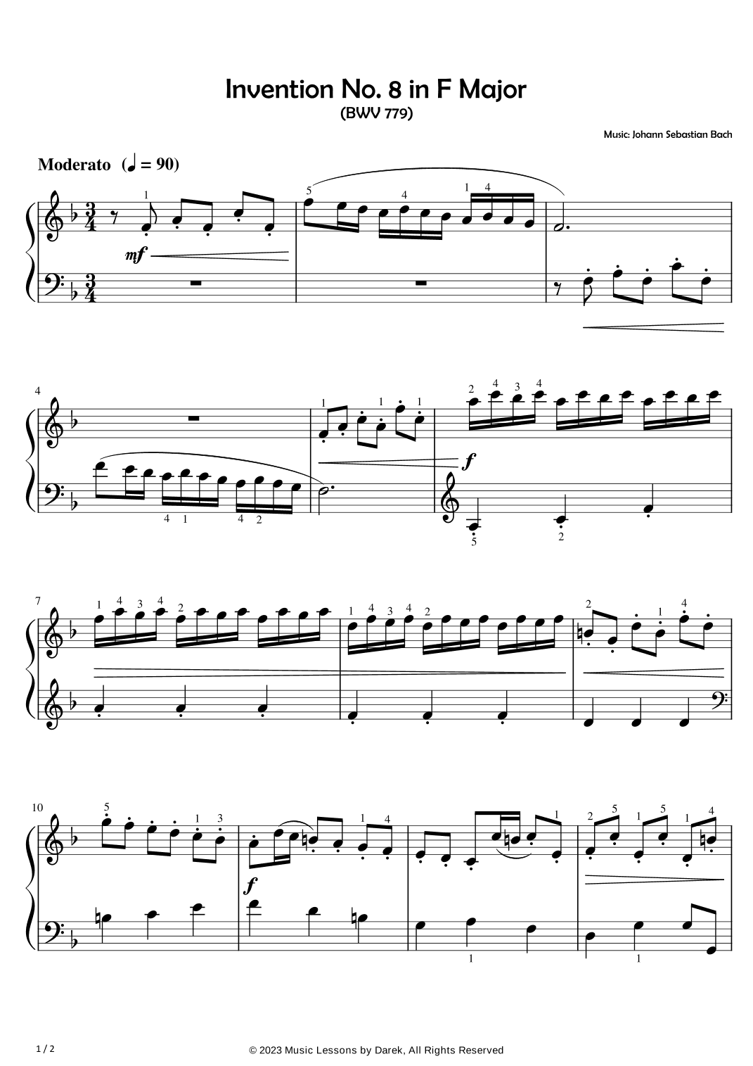 Invention No. 8 in F Major (EASY PIANO) (BWV 779) [Johann Sebastian Bach] (arr. Darek)