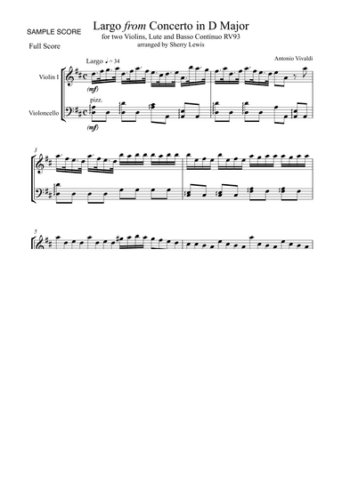 LARGO from Concerto in D for 2 Violins and Lute, RV93, String Duo, Intermediate Level for violin and (arr. Sherry Lewis)