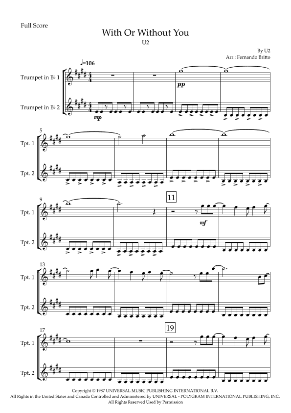 With Or Without You (arr. Fabio Britto)