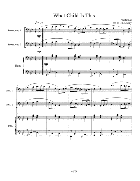 What Child Is This (Greensleeves) for trombone duet with optional piano accompaniment (arr. B C Dockery)