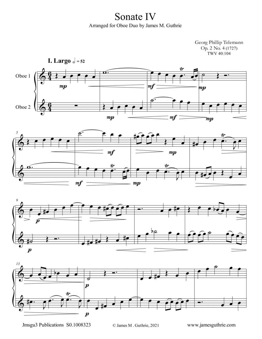 Telemann: Sonata Op. 2 No. 4 for Oboe Duo (arr. James M. Guthrie)