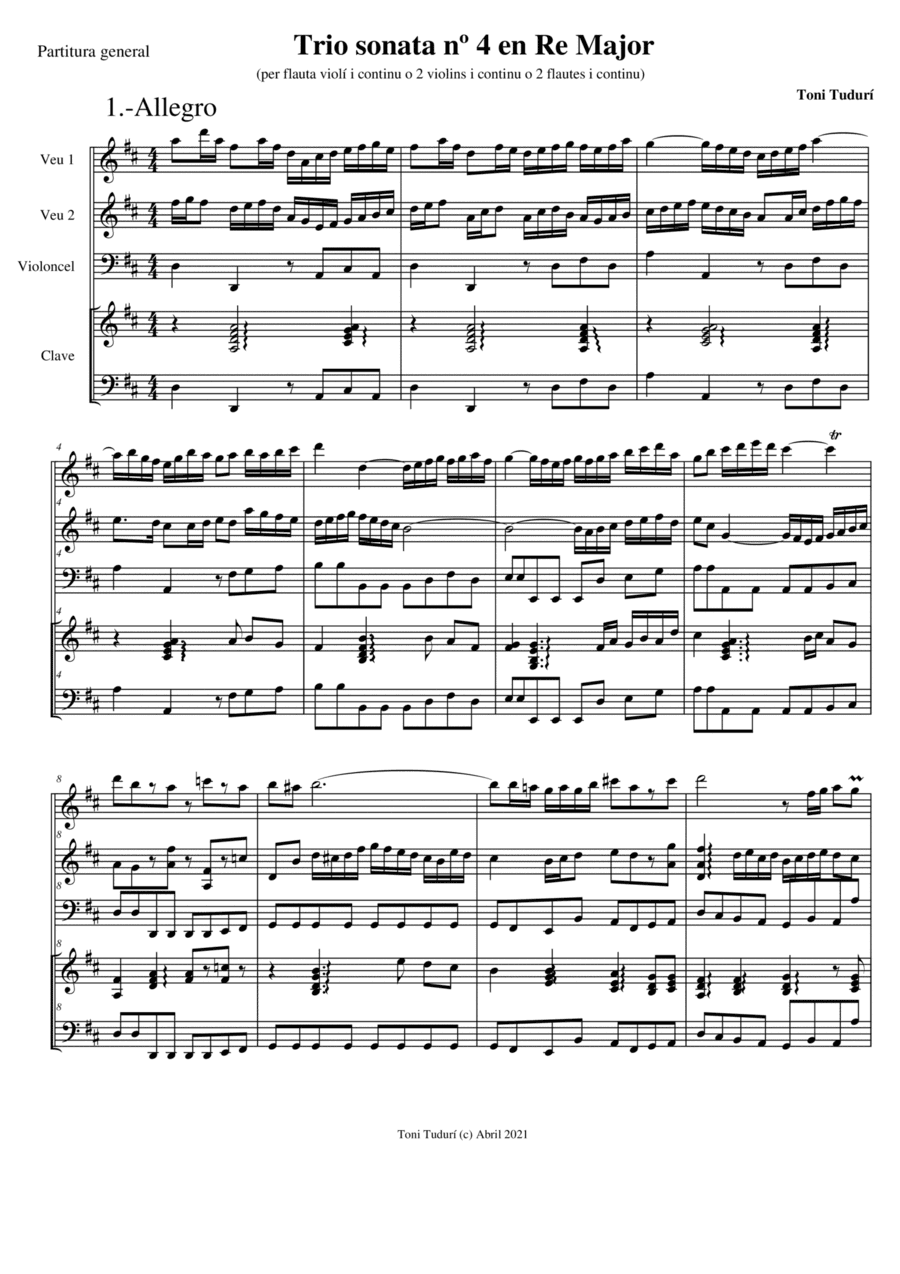 Trio sonata nº4 in D Major for flute, violin & cello or 2 violins & cello and basso continuo (SCORE