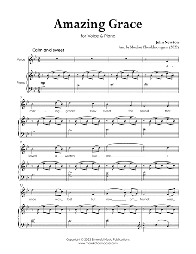 Amazing Grace for Voice & Piano (B-flat) for High Voice (arr. Morakot Cherdchoo-ngarm)