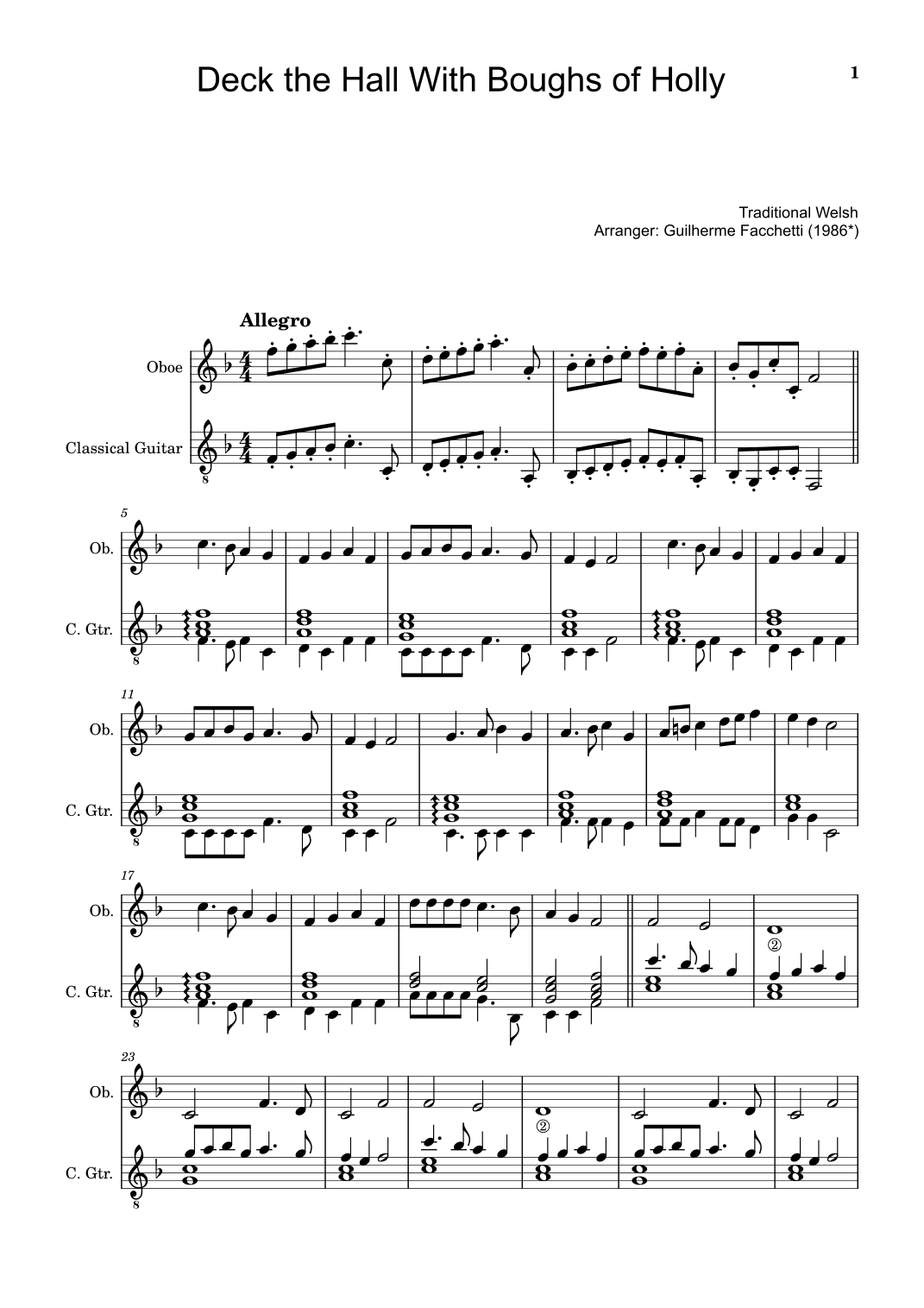 Traditional Welsh - Deck the Hall With Boughs of Holly. For Oboe and Classical Guitar (arr. Guilherme Facchetti)