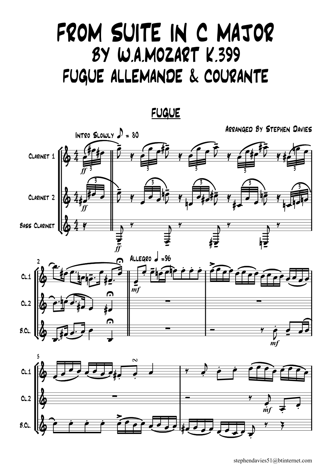 FROM SUITE IN C MAJOR FUGUE, ALLEMANDE & COURANTE BY W.A.MOZART K.399 (arr. Stephen Davies)