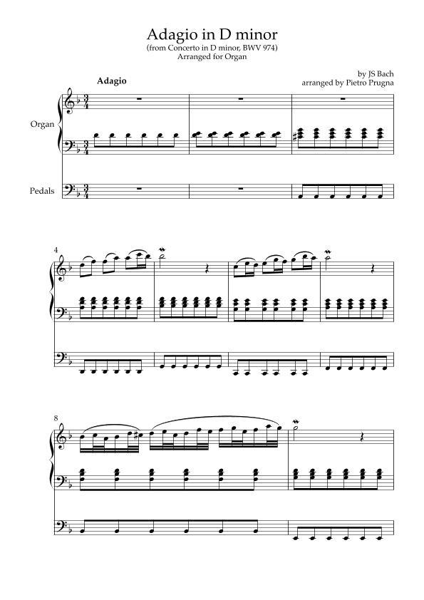 Adagio in D minor (from Concerto in D minor, BWV 974) - arranged for Organ (arr. Pietro Prugna)