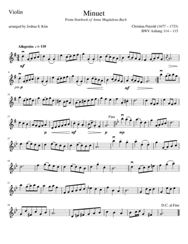 Minuet in G Major for String Trio (violin, cello, contrabass) - from Notebook of Anna Magdalena Bach (arr. Joshua S. Kim)