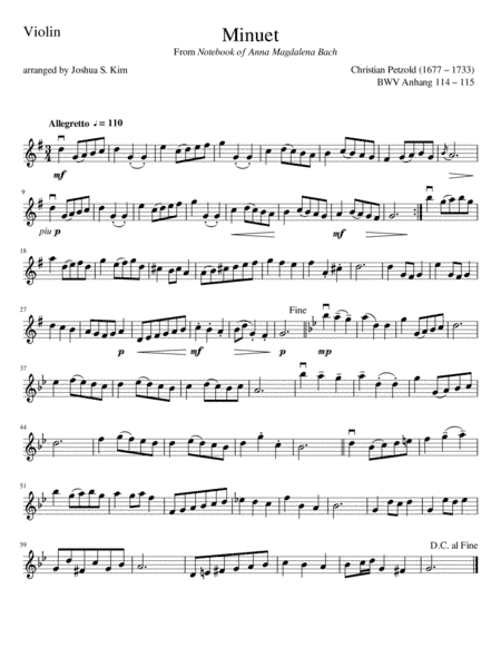 Minuet in G Major for String Trio (violin, cello, contrabass) - from Notebook of Anna Magdalena Bach (arr. Joshua S. Kim)