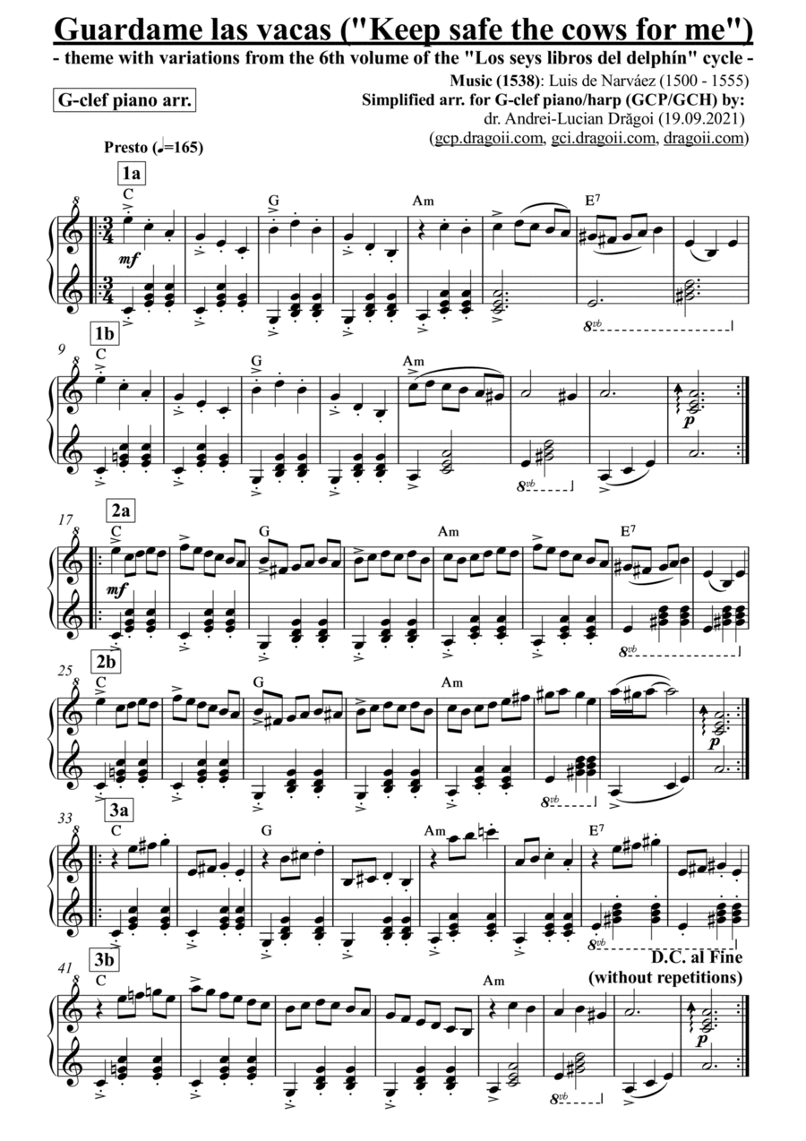 Narváez (Luis de) - Guardame las vacas ("Keep safe the cows for me") - simplified arr. for G-clef p (arr. Andrei-Lucian Dragoi)