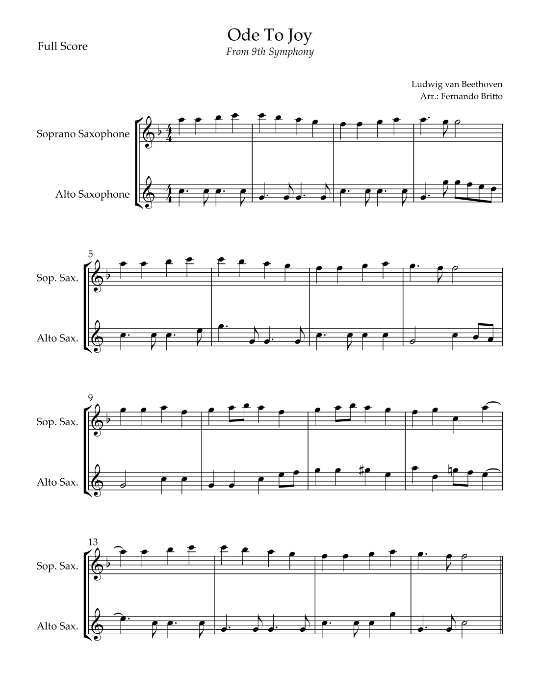 Ode To Joy Theme (from Beethoven's 9th Symphony) for Soprano Saxophone & Alto Saxophone Duo (arr. Fernando Britto)