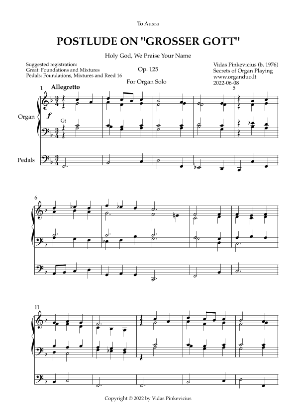 Postlude on "Grosser Gott", Op. 125 (Organ Solo) by Vidas Pinkevicius (2022)