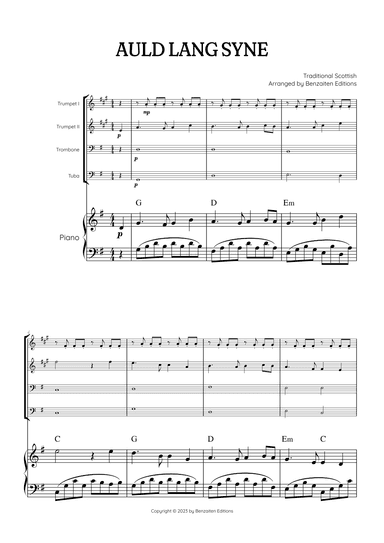 Auld Lang Syne • New Year's Anthem | Brass Quartet & Piano Accompaniment sheet music with chords (arr. Benzaiten Editions)