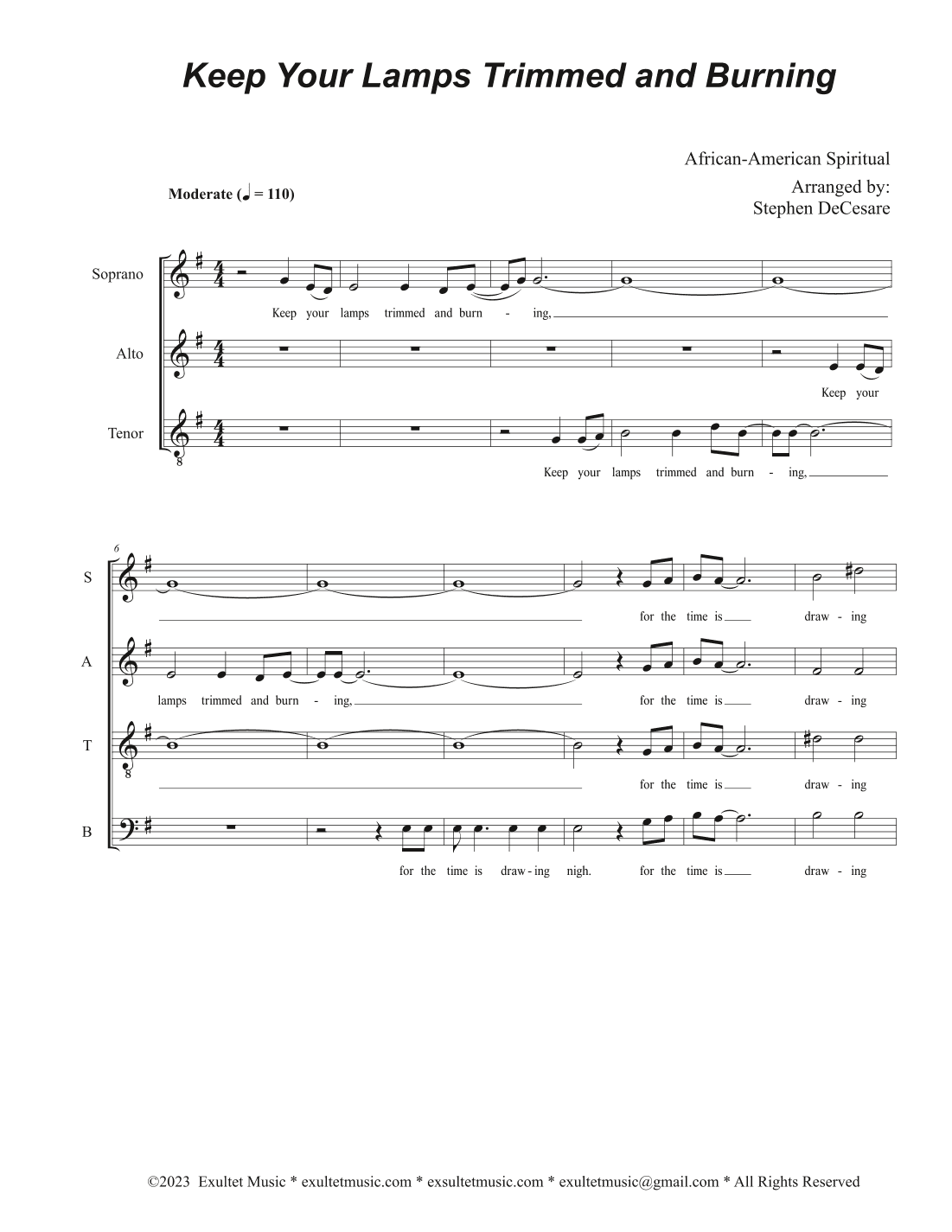 Keep Your Lamps Trimmed And Burning (Vocal Quartet - (SATB) (arr. Stephen DeCesare)