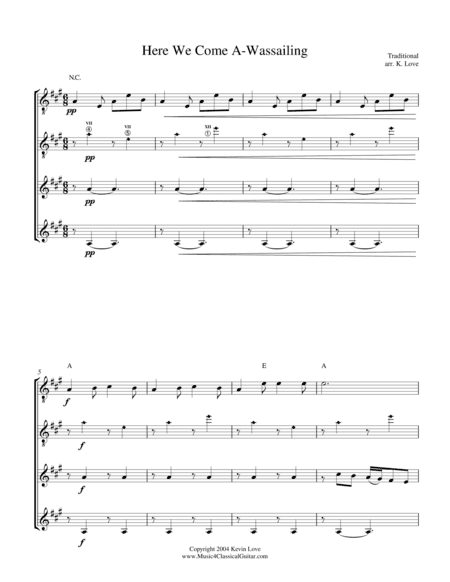 Here We Come A-Wassailing (Guitar Quartet) - Score and Parts (arr. Kevin Love)