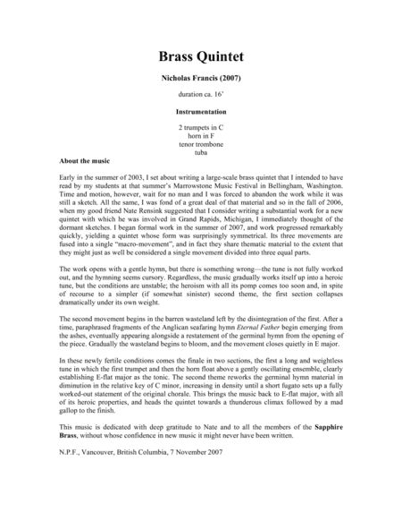 Quintet 2007 based on the Hymn, "Eternal Father" for Brass Quintet