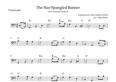 The Star Spangled Banner (USA National Anthem) for Cello Solo with Chords (G Major) (arr. Fabio Britto)