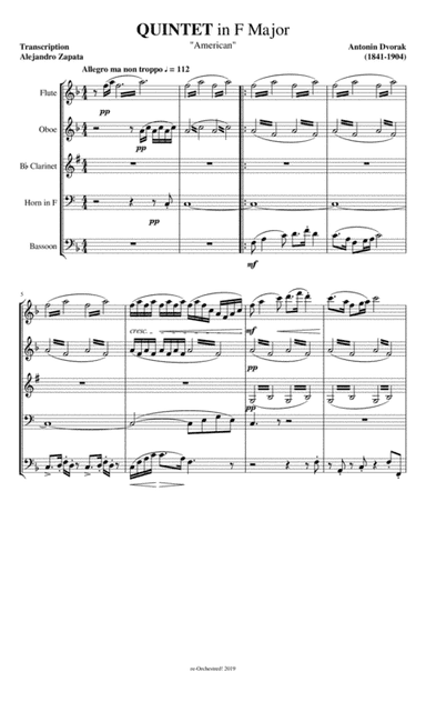 I. Allegro ma non troppo (String Quartet No. 12 in F Major, Op. 96 "American") for Wind Quintet (arr. Alejandro Zapata)