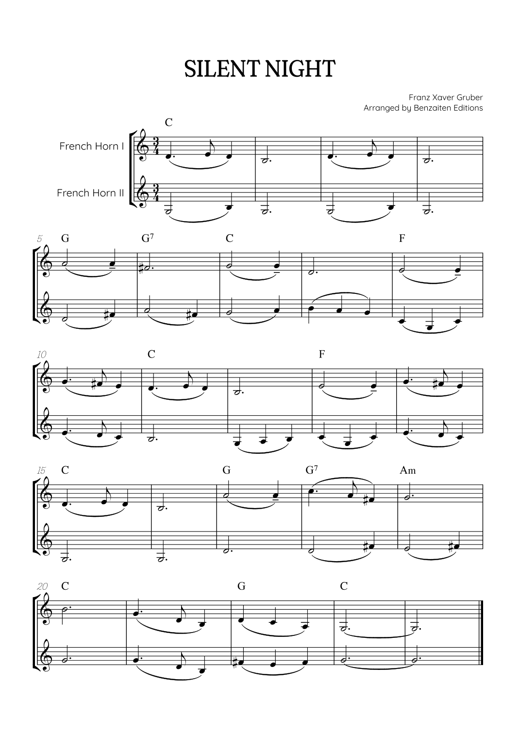 Silent Night for french horn duet • easy Christmas song sheet music (w/ chords) (arr. Benzaiten Editions)