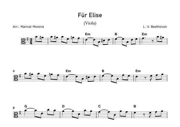 Fur Elise - Beethoven - Viola Solo Easy in Em (Score and Chords) (arr. Marival Moreira)