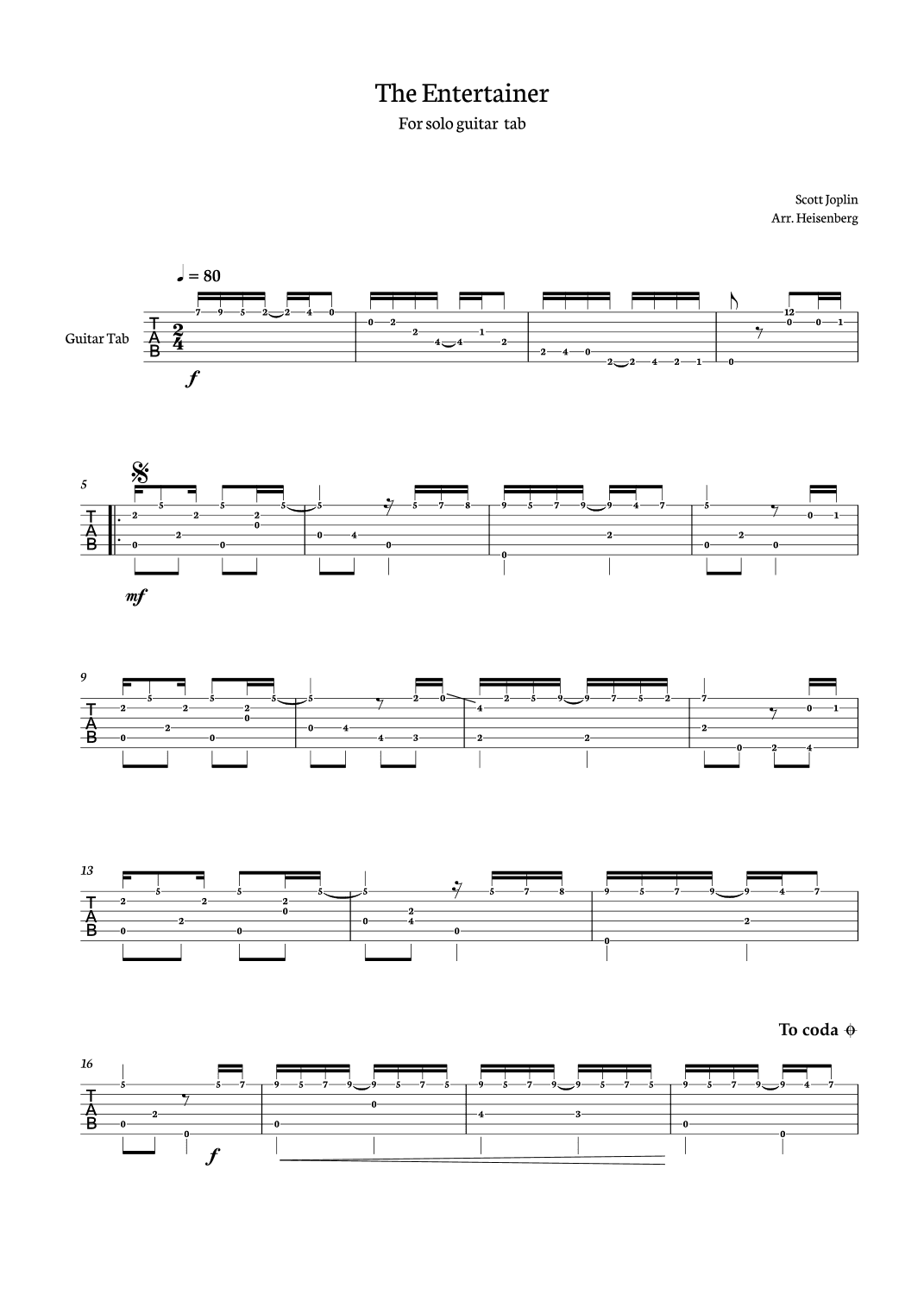 The Entertainer - Scott Joplin for Guitar Tab (arr. Heisenberg)