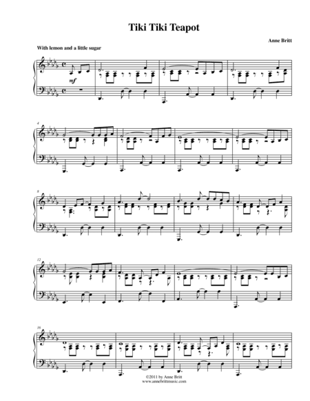 Tiki Tiki Teapot (calypso remix of "I'm a Little Teapot") - advanced intermediate version (arr. Anne Britt)