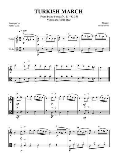 Turkish March - Violin and Viola (with bowings) (arr. Valdir Maia)