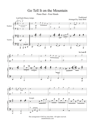 Go Tell It on the Mountain (late elementary student/teacher piano duet) (arr. Anne Britt)