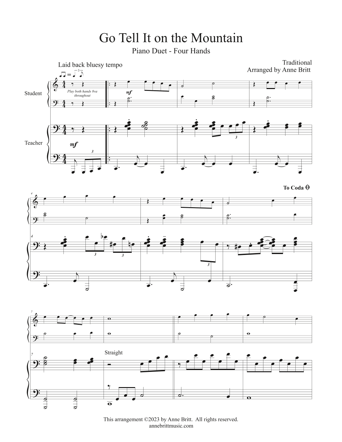 Go Tell It on the Mountain (late elementary student/teacher piano duet) (arr. Anne Britt)