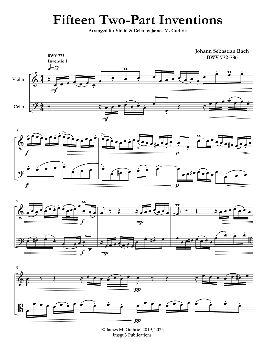 Bach: 15 Two-Part Inventions for Violin & Cello (arr. James M. Guthrie)