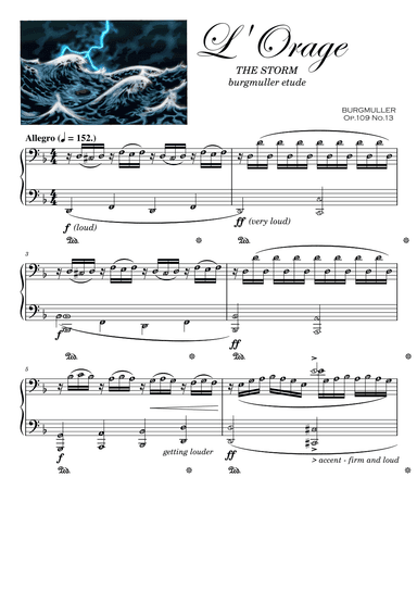 The Storm L' Orage (Grade 6) BURGMULLER Intermediate Piano Sheet Music with note names (arr. Teacher Valarie)