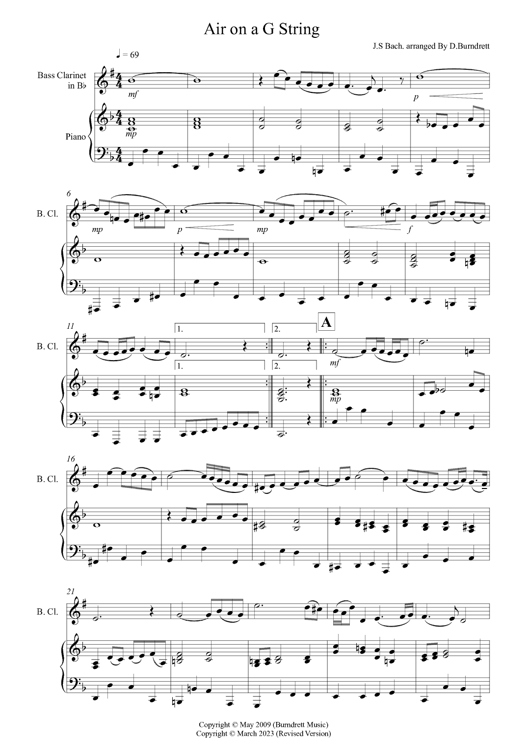 Air on a G String for Bass Clarinet and Piano (arr. David Burndrett)