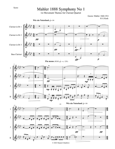 Mahler 1888 Symphony No 1 Mvt 1 Clarinet Quartet Score and Parts (arr. R G Roth)
