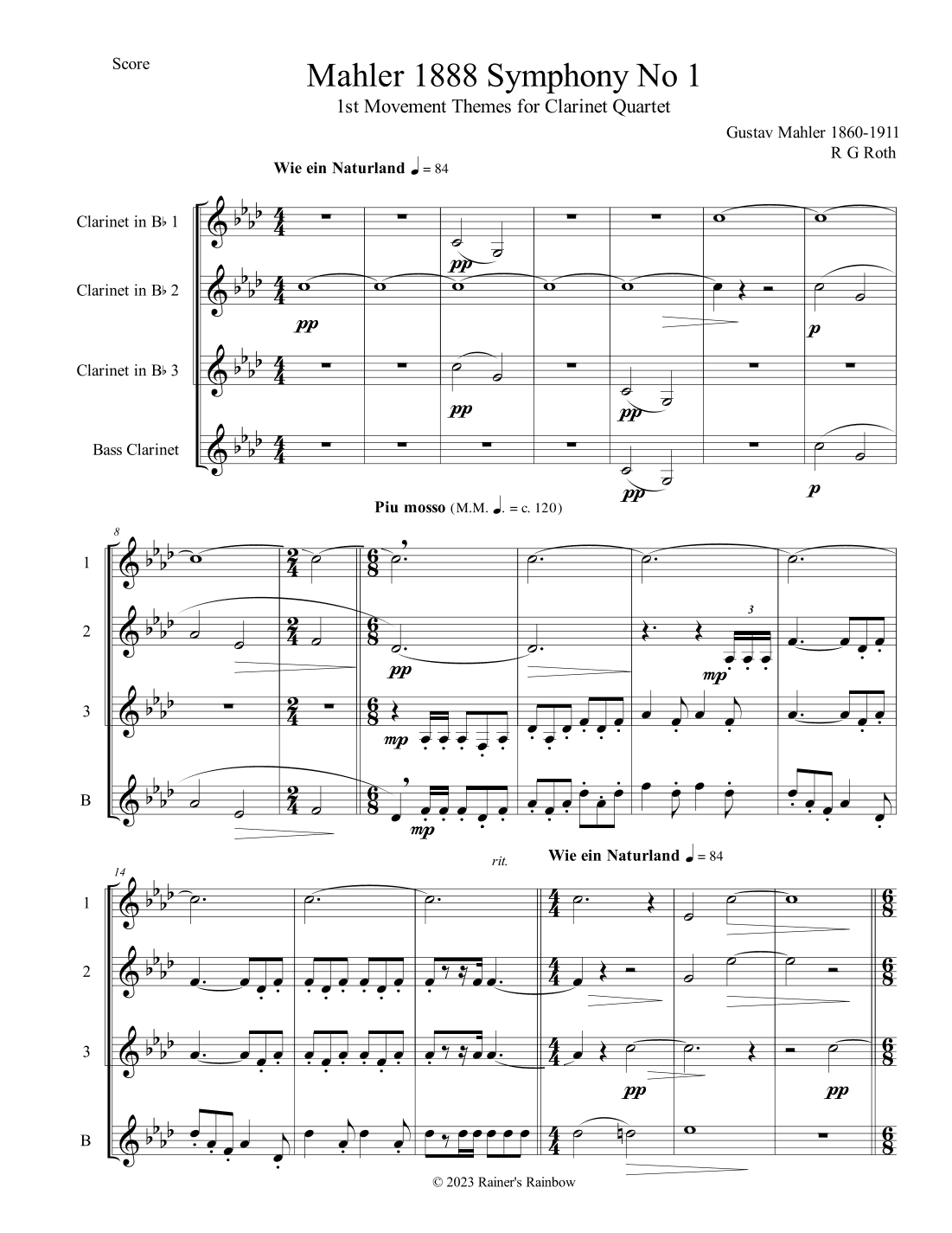 Mahler 1888 Symphony No 1 Mvt 1 Clarinet Quartet Score and Parts (arr. R G Roth)