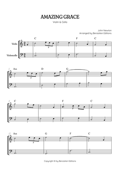 Amazing Grace • easy violin and cello sheet music with chords (arr. Benzaiten Editions)