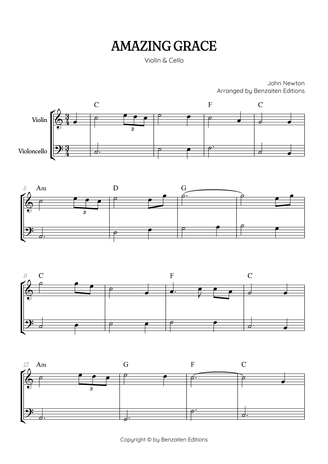 Amazing Grace • easy violin and cello sheet music with chords (arr. Benzaiten Editions)