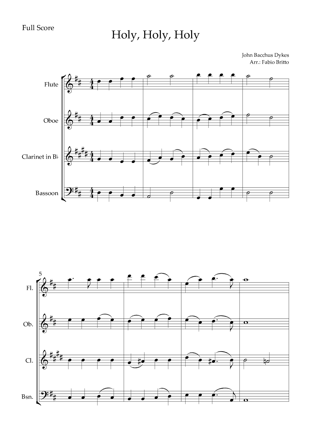 Holy, Holy, Holy (Traditional Christian Song) for Woodwind Quartet (arr. Fabio Britto)