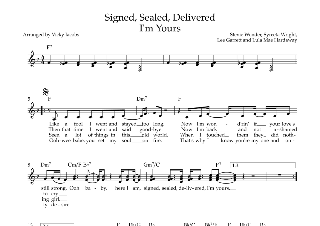 Signed, Sealed, Delivered I'm Yours (arr. Vicky Jacobs)