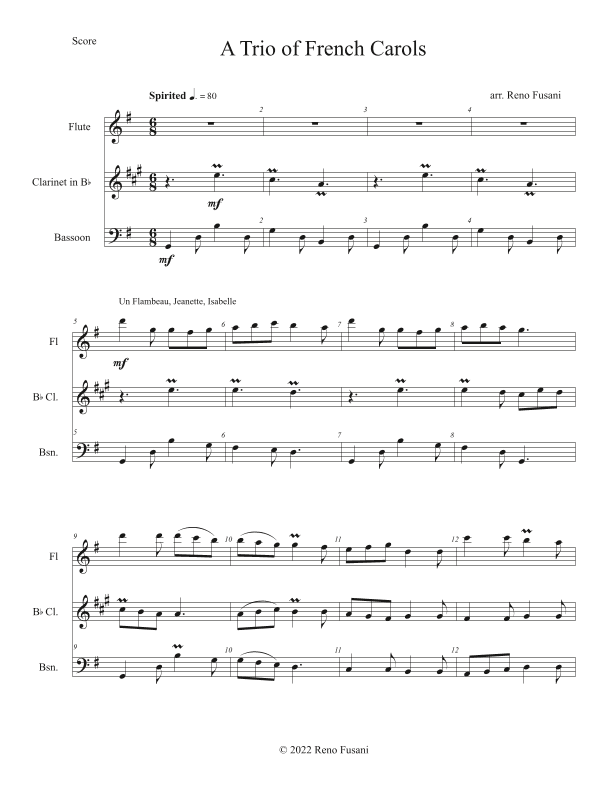A TRIO OF FRENCH CAROLS (for Woodwind Trio) (arr. Reno Fusani)